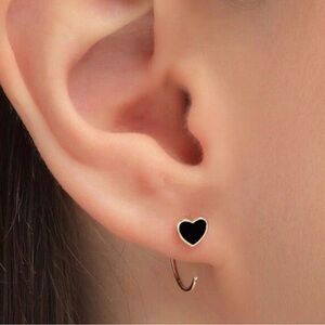 Dainty Black Enamel Heart Gold Spiral Open Hoop Earrings - 1.5cm NEW Boutique